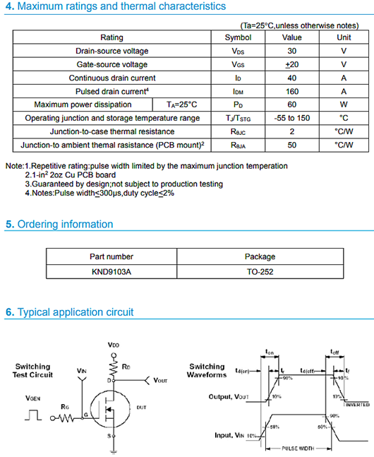 MOS管30V40A KNX9103A參數資料